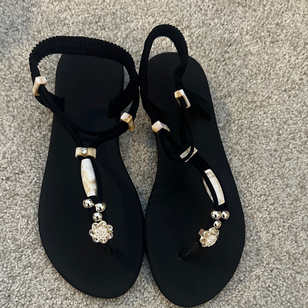 Black Women's Embellished T-Strap Sandals